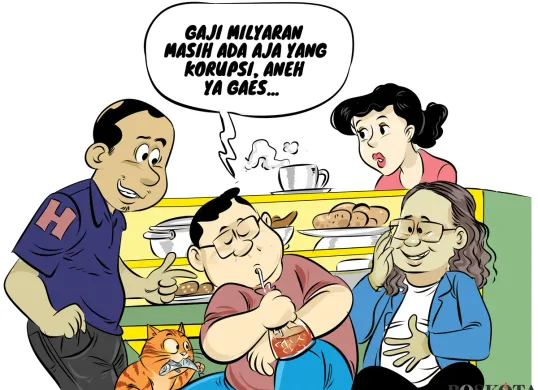 Ilustrasi obrolan tiga sahabat di warteg soal gaji wakil rakyat yang masih jadi sorotan, bahkan dengan penghasilan besar pun isu korupsi tetap mencuat. (Sumber: Poskota/Arif Setiadi)