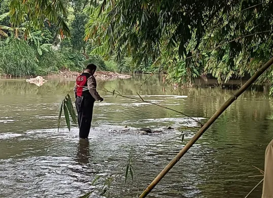 Petugas mengevakuasi jasad pria yang ditemukan mengambang tersangkut bebatuan di Kali Ciliwung, Bojonggede, Bogor. (Sumber: Polsek Sukmajaya)