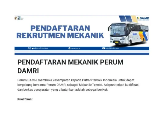 Lowongan kerja mekanik DAMRI 2025. (Sumber: Istimewa)