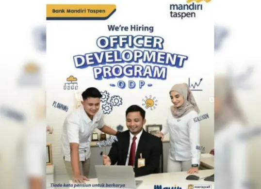 Bank Mandiri Taspen kembali membuka rekrutmen Officer Development Program (ODP) Batch 10 tahun 2025, kesempatan emas bagi fresh graduate untuk berkarier di dunia perbankan (Sumber: Instagram/@bank.mandiritaspen)