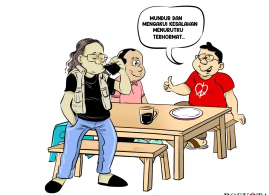 Ilustrasi obrolan warteg tiga sahabat membahas pengunduran diri Rahayu Saraswati dari DPR RI, yang dinilai sebagai langkah terhormat penuh tanggung jawab. (Sumber: Poskota/Arif Setiadi)