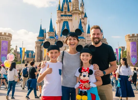 Ilustrasi foto liburan keluarga ke Disneyland Tokyo yang dibuat menggunakan Gemini AI. (Sumber: Poskota/Gemini AI)