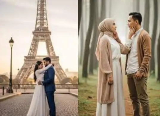 Pasangan dapat menghasilkan foto prewedding elegan dengan Gemini AI, mulai dari tema adat Jawa klasik hingga konsep modern mewah. (Sumber: Dok/Gemini AI)