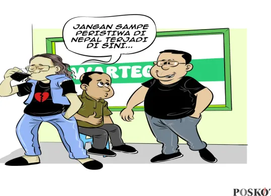 Ilustrasi obrolan warteg: Tiga sahabat berdiskusi soal demonstrasi berdarah di Nepal, mengingatkan agar peristiwa serupa tidak terjadi di Indonesia. (Sumber: Poskota/Arif Setiadi)