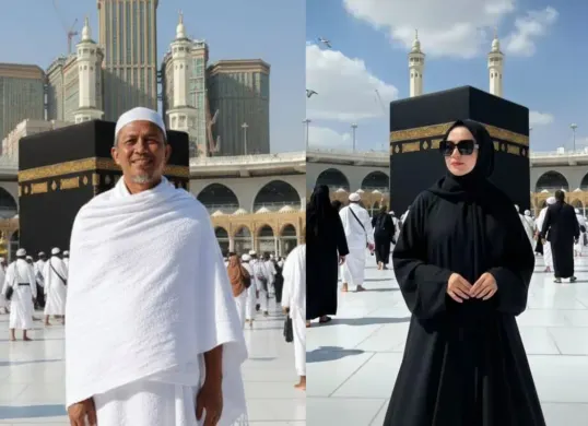 Contoh hasil edit foto AI di Mekkah dengan latar Ka'bah yang tampak realistis. (Sumber: Dok/ Gemini AI)