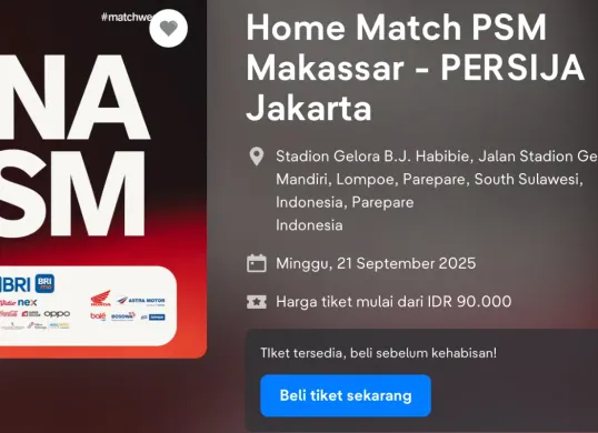 Ilustrasi harga tiket pertandingan PSM Makassar vs Persija Jakarta. (Sumber: Tiket.com)