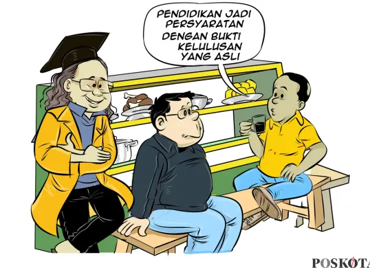 Ilustrasi obrolan warteg membahas pentingnya pendidikan sebagai syarat pencalonan dengan bukti kelulusan yang sah dan asli. (Sumber: Poskota/Arif Setiadi)
