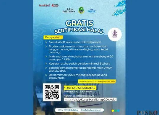 Pendaftaran Sertifikasi Halal Gratis dari Dinas Koperasi dan Usaha Kecil Jabar, Cek di Sini (Sumber: Instagram/diskukjabar)
