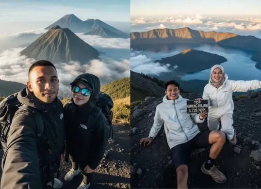 Contoh prompt AI edit foto mendaki bareng pasangan. (Sumber: TikTok)
