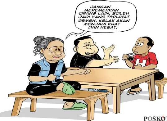 Ilustrasi obrolan warteg, tiga sahabat saling berbagi pandangan tentang pentingnya menghargai orang lain dan tidak meremehkan siapa pun. (Sumber: Poskota/Arif Setiadi)