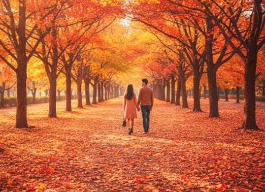 Ilustrasi foto Gemini AI musim gugur di Nami Island, Korea Selatan. (Sumber: Poskota/Gemini AI)