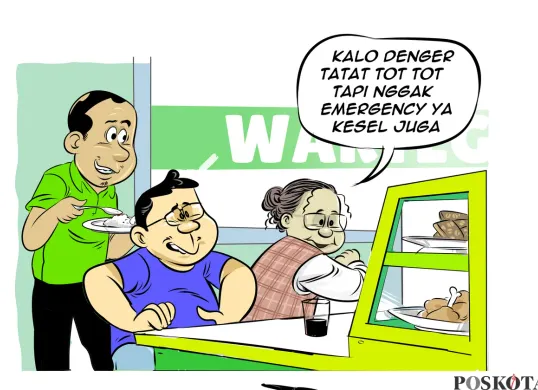 Ilustrasi obrolan di warteg menyinggung keresahan masyarakat soal sirine dan strobo kendaraan yang kerap dipakai tidak pada kondisi darurat. (Sumber: Poskota/Arif Setiadi)