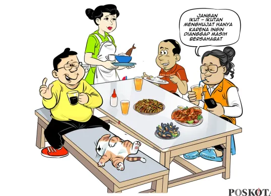 Suasana akrab di sebuah warteg menjadi saksi perbincangan hangat antara Bung Heri, mas Bro, dan Yudi. Dalam diskusi tersebut, mereka menekankan pentingnya untuk tidak ikut-ikutan menghujat di era digital. (Sumber: Poskota/Arif Setiadi)