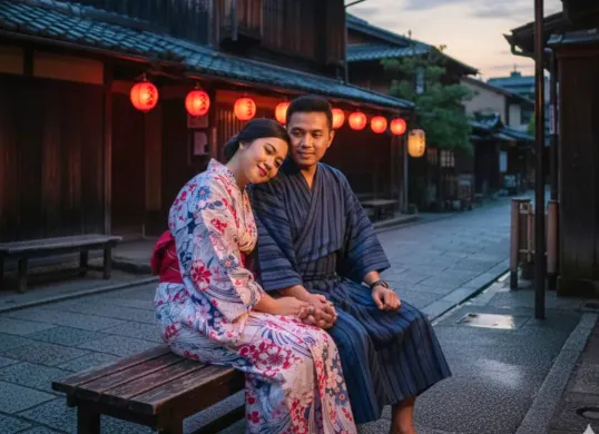 Ilustrasi foto Gemini AI di Jepang bersama pasangan. (Sumber: Poskota/Gemini AI)
