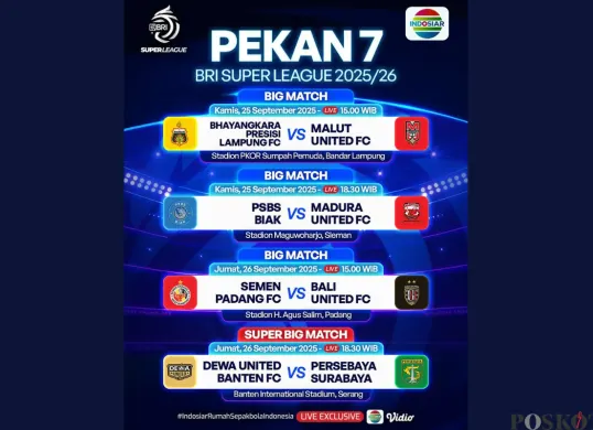 Jadwal BRI Super League Hari Ini Kamis 25 September 2025, Ada Bhayangkara FC vs Malut United (Sumber: Instagram/sports.indosiar/Edited Muhammad Ibrahim)