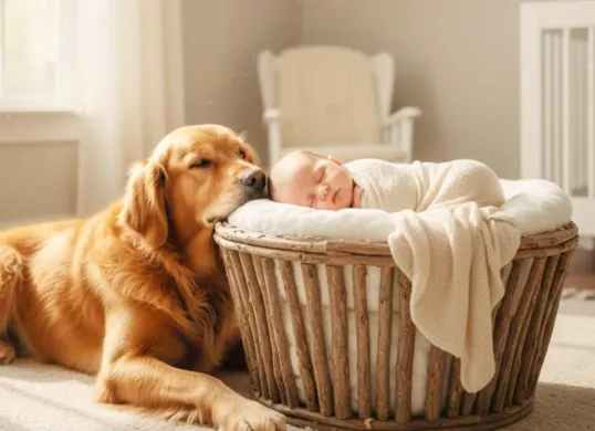 Ilustrasi foto bayi newborn dengan hewan peliharaan buatan Gemini AI. (Sumber: Poskota/Gemini AI)