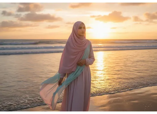 Kumpulan prompt dan langkah edit foto menggunakan Gemini AI dengan tema wanita berhijab di pantai saat sunset untuk dijadikan inspirasi. (Sumber: Freepik)