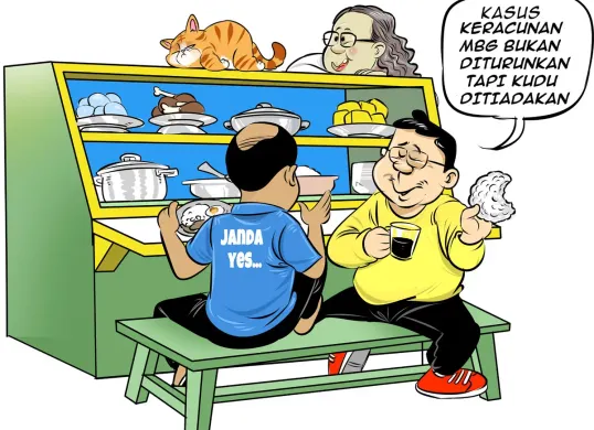 Ilustrasi obrolan warteg membahas program Makan Bergizi Gratis (MBG). Publik menekankan, kasus keracunan bukan sekadar diturunkan tapi harus dihapuskan demi keselamatan penerima manfaat. (Sumber: Poskota/Arif Setiadi)