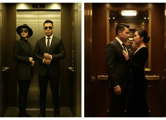 Hasil edit prompt Gemini AI foto pasangan bergaya mafia di lift. (Sumber: Freepik/pressfoto)