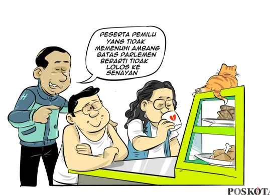 Ilustrasi obrolan warteg: Bung Heri, Mas Bro, dan Bang Yudi membahas ambang batas parlemen dan wacana hadirnya Fraksi Rakyat di Senayan. (Sumber: Poskota/Arif Setiadi)