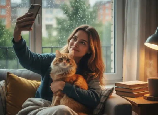 Ilustrasi foto bareng kucing buatan Gemini AI. (Sumber: Poskota/Gemini AI)