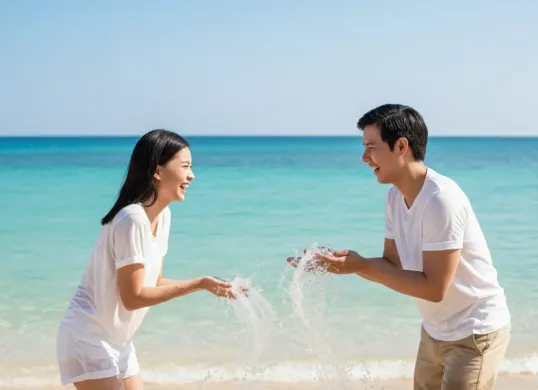 Hasil edit prompt Gemini AI foto liburan romantis di pantai bareng pasangan. (Sumber: Freepik/jcomp)