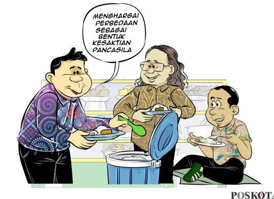 Ilustrasi obrolan warteg Bung Heri, Mas Bro, dan Bang Yudi yang menekankan pentingnya menghargai perbedaan sebagai wujud pengamalan nilai Pancasila pada peringatan Hari Kesaktian Pancasila. (Sumber: Poskota/Arif Setiadi)