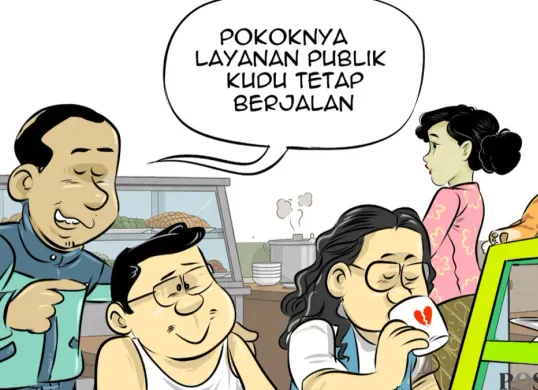 Ilustrasi Obrolan Warteg terkait kebijakan WFH ASN yang ditetapkan pemerintah. (Sumber: Poskota/Arif Setiadi)