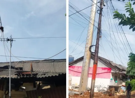 Tiang tower provider roboh menimpa rumah kontrakan di kawasan Kembangan Utara, Kembangan, Jakarta Barat, Kamis, 11 April 2026. (Sumber: Istimewa)