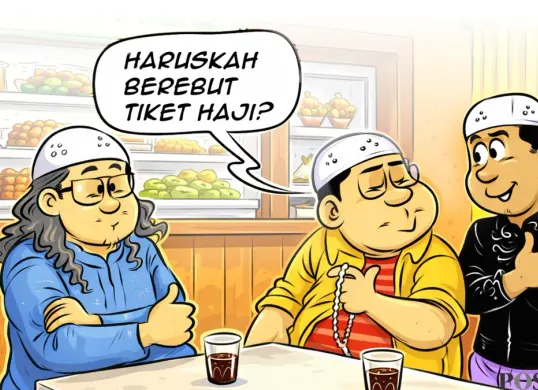 Ilustrasi Obrolan Warteg terkait wacana war tiket haji. (Sumber: Poskota/Arif Setiadi)
