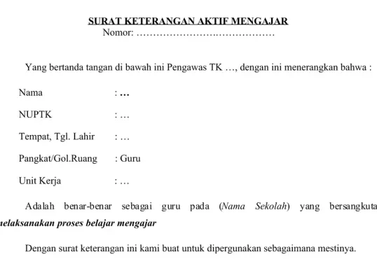 Ilustrasi contoh surat keterangan mengajar tenaga pendidik aktif dalam kegiatan belajar mengajar. (Sumber: Istimewa)