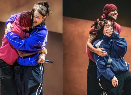 Billie Eilish dipeluk Justin Bieber di Coachella 2026. (Sumber: Instagram/@bliiieelilsh)