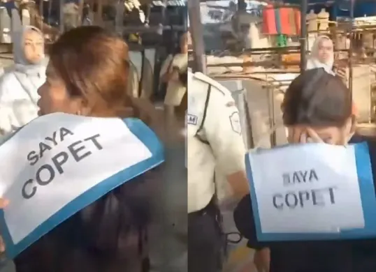 Seorang wanita yang diduga copet diarak diarak di Jembatan Penyeberangan Multiguna (JPM) kawasan Tanah Abang, Jakarta Pusat, Senin, 20 April 2026. (Sumber: Istimewa)