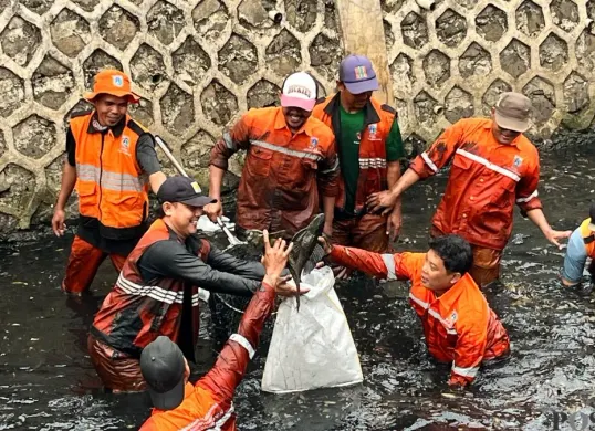 Petugas PPSU saat memegang ikan sapu sapu hasil tangkapan. (Sumber: Poskota/M Tegar Jihad)