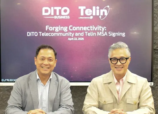 Penandatanganan MSA dilakukan Plt. Chief Executive Officer Telin (kiri) dan Chief Commercial Officer DITO Telecommunity Atty. Adel A. Tamano (kanan) di DITO Business Hub, Manila, Filipina, Rabu, 22 April 2026. (Sumber: Dok. Telkom)