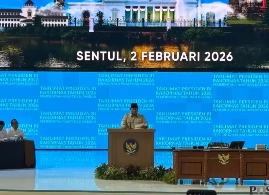 Presiden Prabowo Subianto saat memberi taklimat dalam Rakornas 2026, di SICC Bogor. (Sumber: Poskota/Giffar Rivana)