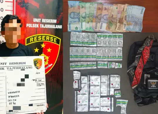 Pelaku penjual obat-obatan keras ilegal beserta barang bukti obat daftar G berhasil diamankan Polsek Tajurhalang. (Sumber: Istimewa)