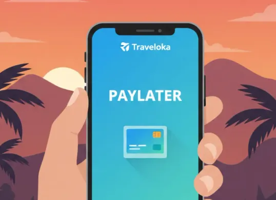 Ilustrasi pengguna Traveloka PayLater sedang menukarkan voucher digital untuk mengisi saldo DANA melalui aplikasi smartphone (Sumber: Gemini AI)