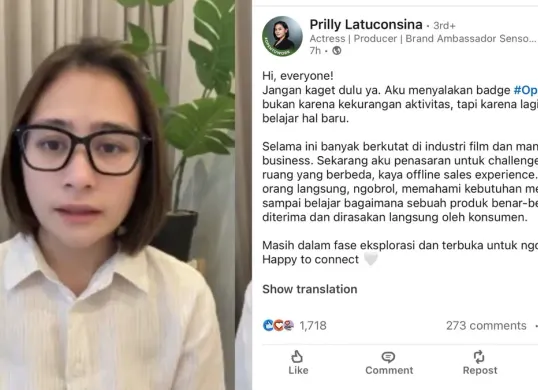 Prilly Latuconsina saat menyampaikan klarifikasi melalui video di akun media sosialnya, menanggapi polemik “Open to Work” yang ramai dibahas publik. (Sumber: Instagram/@prilylatuconsina96)