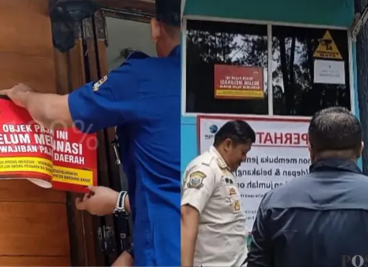 Petugas Satpol PP Bandung Barat, segel tempat wisata Curug Cimahi. (Sumber: Poskota/Gatot Poedji Utomo)