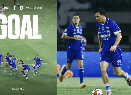 Pemain Persib merayakan gol penalti Tom Haye pada menit ke-36 saat menghadapi Malut United. (Sumber: Instagram/@persib)