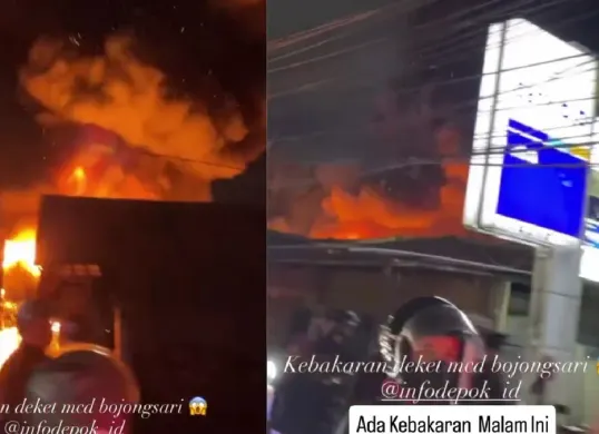 Sebuah kebakaran besar melanda sebuah lapak rongsok yang berlokasi di dekat gerai McDonald's Bojongsari, Depok, pada malam hari ini. (Sumber: Instagram/@infodepok_id)