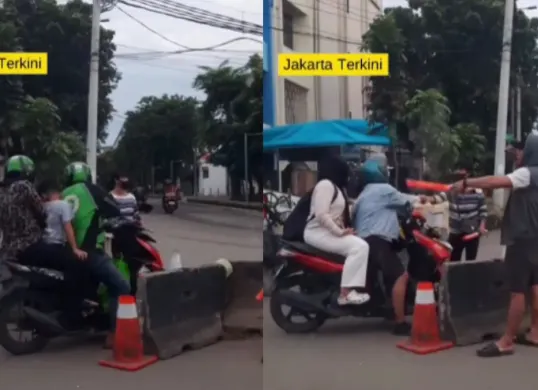 Pungli pemotor melewati jalan tertutup barikade di kawasan Kota Tua, Tamansari, Jakarta Barat. (Sumber: Instagram/@jakarta.terkini)