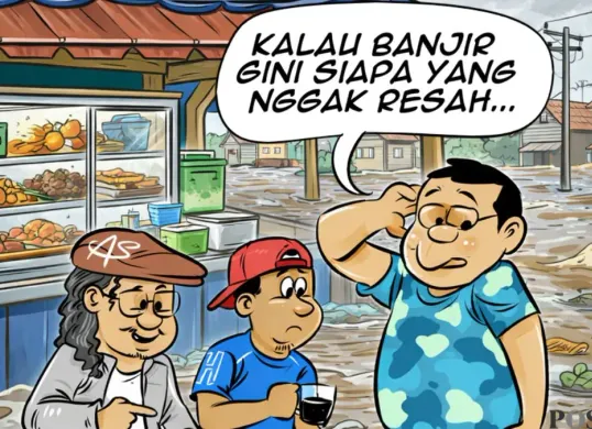 Obrolan warteg tentang banjir, Senin, 8 Februari 2026. (Sumber: Poskota/Arif Setiadi)