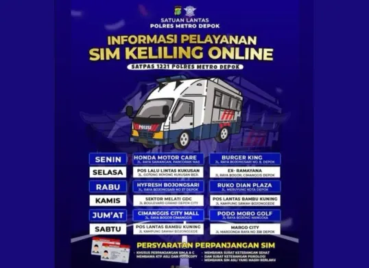 Jadwal SIM keliling Depok 2026. (Sumber: satlantaspolresmetrodepok)