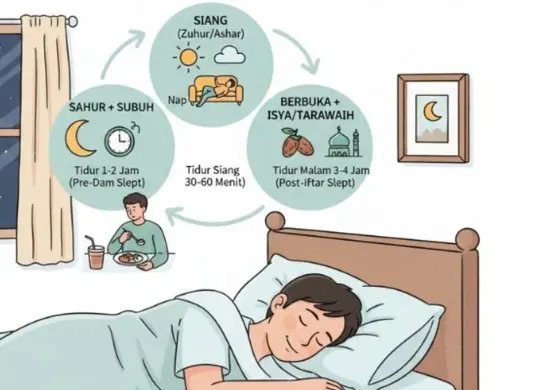 Ilustrasi. Tips mengatur pola tidur saat puasa Ramadan agar tubuh tetap bugar, fokus, dan produktif. (Sumber: Poskota/AI Generated)
