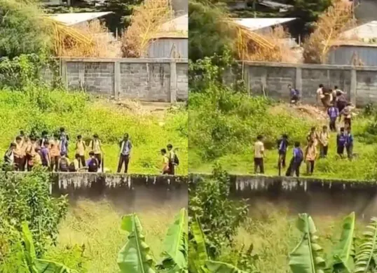 Viral pelajar lakukan aksi duel ala gladiator di lahan kosong belakang RSUD Cibabat, Cimahi. (Sumber: tangkapan layar)