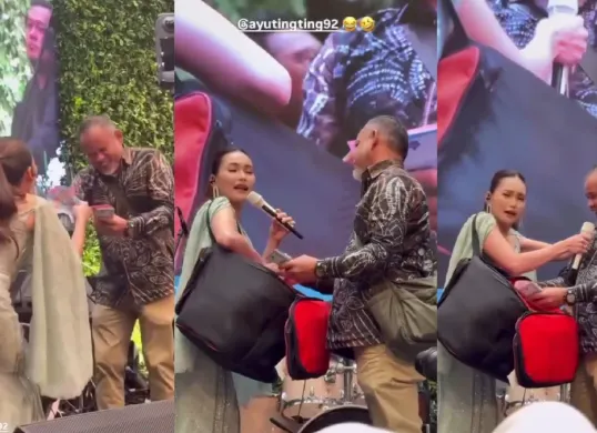 Ayu Ting Ting tampil elegan dalam gaun biru muda sebelum momen viral saat disawer gepokan uang oleh seorang tamu di acara pernikahan mewah. (Sumber: Instagram/@adapadijkt)