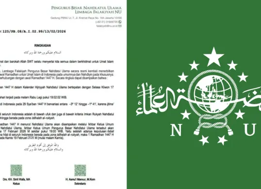 Surat resmi Lembaga Falakiyah PBNU berisi ringkasan astronomis penetapan awal Ramadhan 1447 H yang diperkirakan jatuh pada 19 Februari 2026. (Sumber: Dok/PBNU)