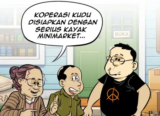 Ilustrasi obrolan warteg edisi hari ini membahas wacana penghentian ekspansi minimarket untuk memberi ruang kepada program Koperasi Desa Merah Putih. (Sumber: Poskota/Arif Setiadi)